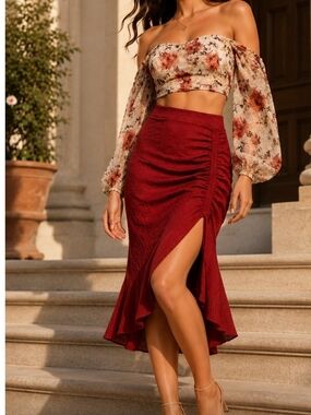 2 Piece Top & Skirt- Ruched High-Slit Midi Skirt in Burgundy With Chaffon Top